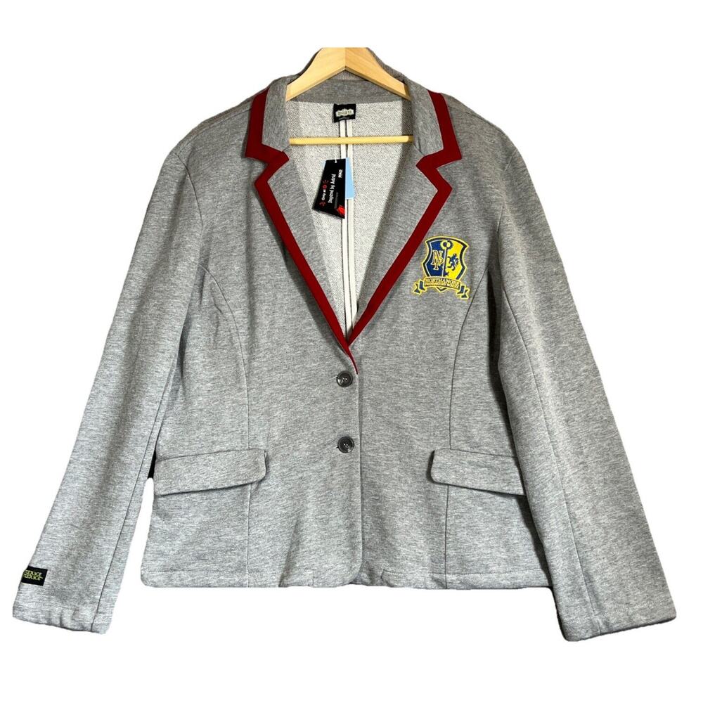 Beetlejuice Astrid Graphic Blazer Womens 2X Gray Jersey Knit Prep School Crest
